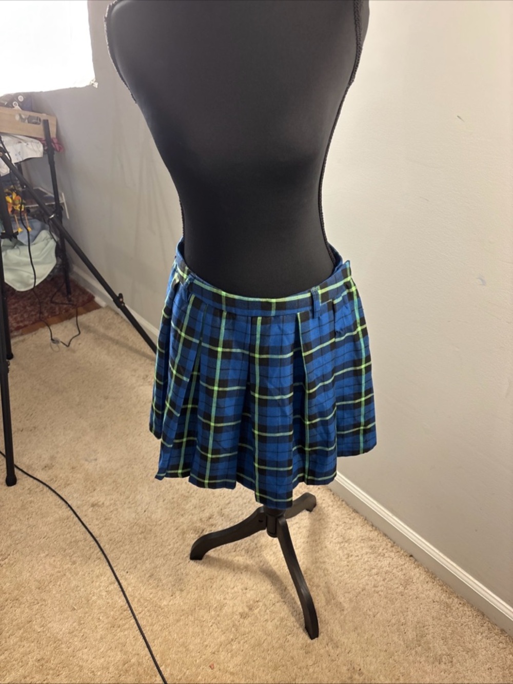 Hot Topic Blue Plaid Pleated Mini Skirt with Lime Accents